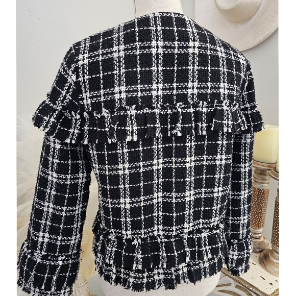 Storia Black White Tweed Raw Edge Open Front Crop Blazer Jacket - Picture 7 of 10